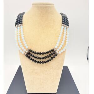 Vintage Boho Onyx & Opalite Necklace 31” Long Strand  Floral Silver-tone Spacers